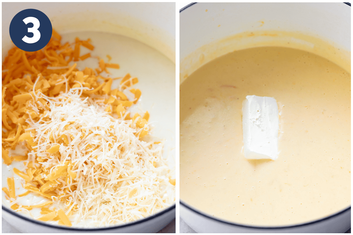 Collage showing cheese being added to a roux, then cream cheese added in.