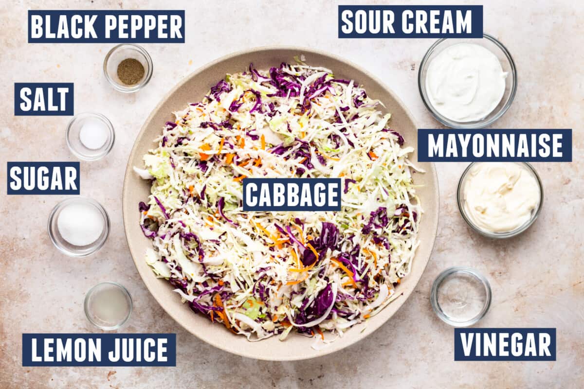 Ingredients needed to make a southern coleslaw laid out on the counter. 