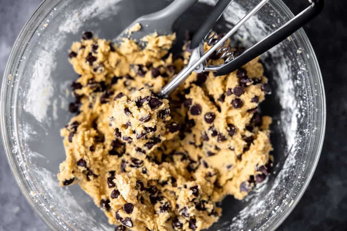 Chocolate Chip Cookie dough after chocolate chips have been added. 