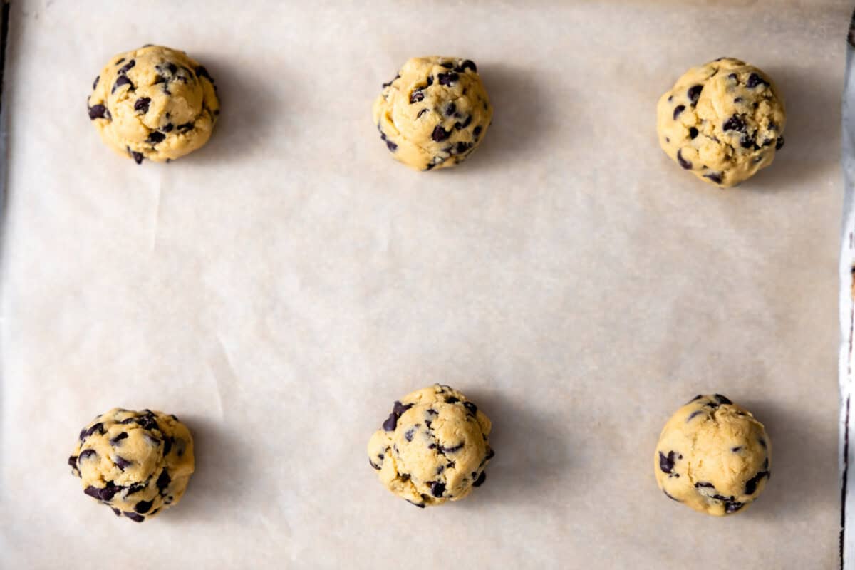 Dough portioned out and placed on a cookie sheet. 