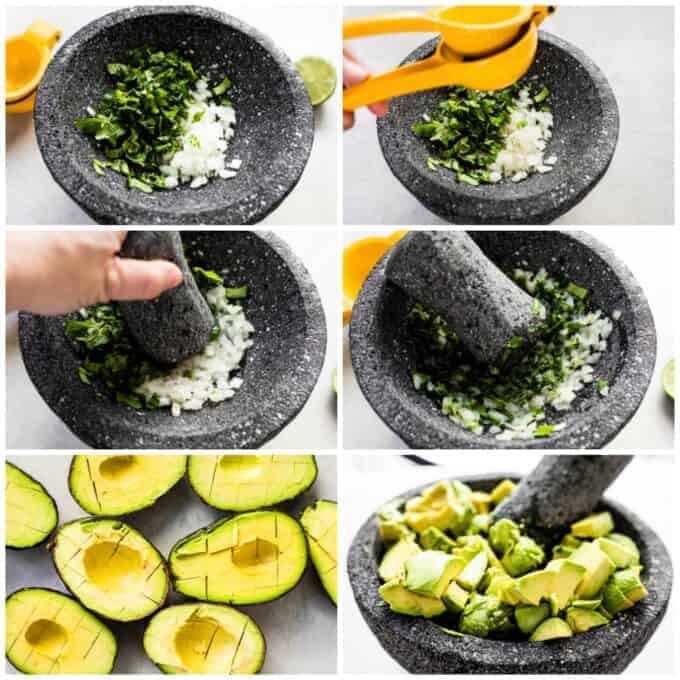 How to make Guacamole step by step, showing onion and cilantro in a molcajete, lime juice being added, being mashed together. Sliced avocado. Then the avocado added to the molcajete.