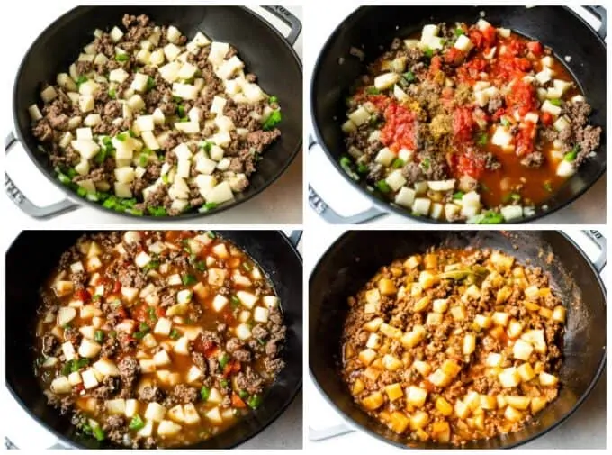 Step by step how to make Picadillo in a skillet, sautéing ground beef with potatoes, bell pepper and onion. Adding tomato sauce, broth and spices, bring to a simmer, and after cooking.