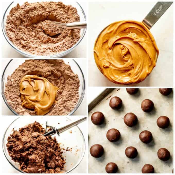 How to make no bake peanut butter brownie bites. Showing brownie mix in a bowl, a measuring cup filled with peanut butter, peanut butter added to the brownie mix. The dough mixed and a cookie scoop being used, then brownie bites rolled into ball shapes.