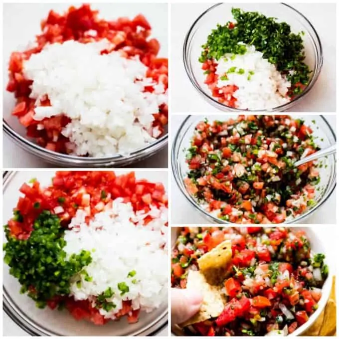 Step by step how to make pico de Gallo. Showing adding tomato, onion, jalapeño and cilantro to a bowl. Stirring with seasoning and lime juice, then dipping into it with a tortilla chip.