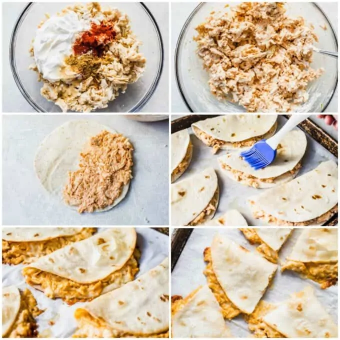 Step by step photos of how to make baked quesadillas. Mixing the shredded chicken with sour cream and spices. Adding cheese. spreading onto flour tortillas, brushing the tortillas with oil, baked on a large baking sheet and cut in half.