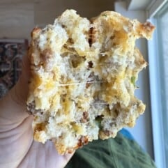 Cheesy sausage biscuits split in half. 