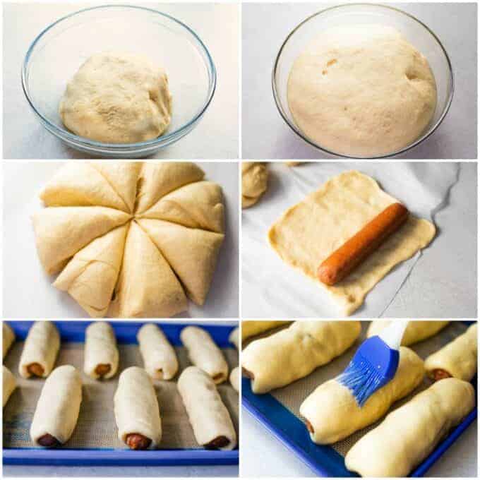Step by step photos of how to make texas kolaches. Dough in a bowl, after it's risen, the dough being separated, rolled out to the size of the sausage, a sausage being rolled up, laid on a baking sheet and getting an egg wash.