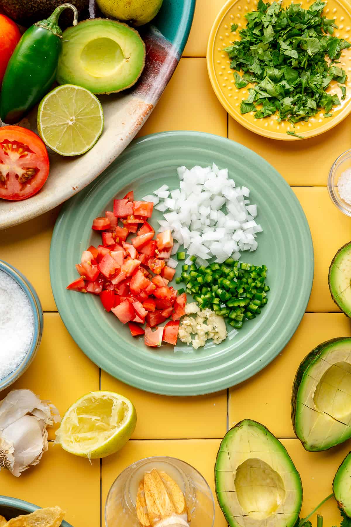 Diced tomato, jalapeno, onion, and garlic ready to be added to homemade guacamole.