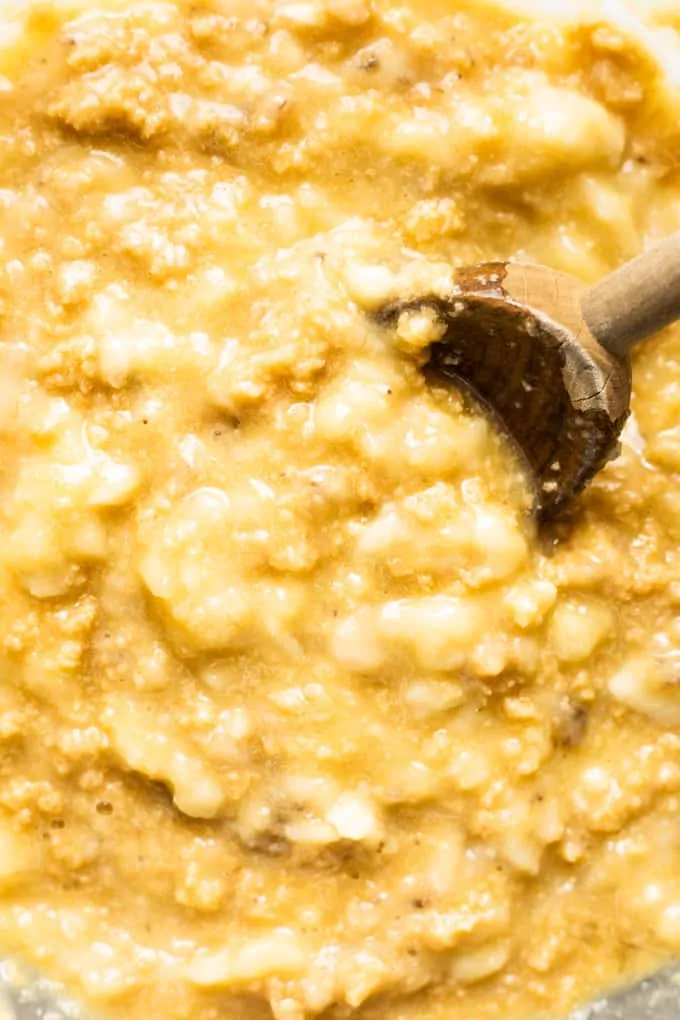 Close up view of mixed banana bread batter.