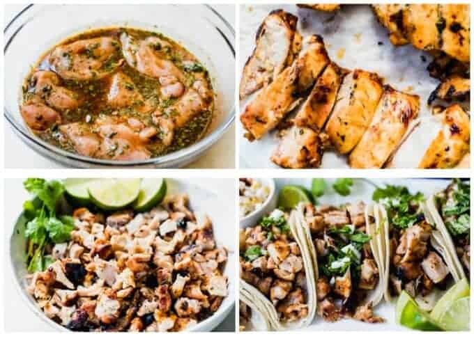How to make chicken street tacos. Showing chicken thighs marinating, being sliced after grilling, a bowl filled with cooked grilled chicken and street tacos laid out. 