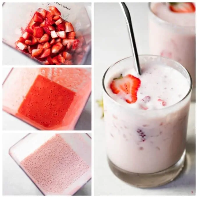 Step by step how to make aqua fresas showing strawberries in a blender, blended with water, and after milks were added. Final shot shows a cup filled with ice and chunks of strawberries with aqua de fresas, a strawberry on top and a straw.