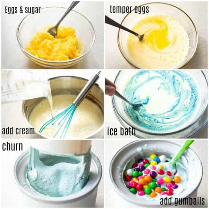Picture collage showing step by step how to make bubble gum ice cream, showing a bowl with egg yolks mixed with sugar, being tempered with hot milk, then cooked, pouring heavy cream in, putting the ice cream mixture in an ice bath and adding blue food coloring, churning, then adding gumballs to the churned ice cream.