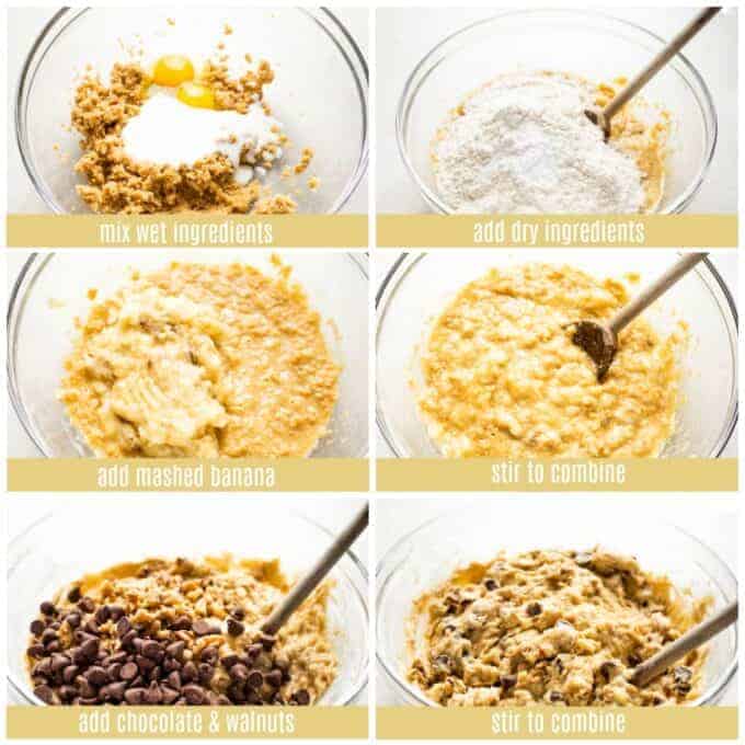 Picture collage showing how to make Chunky Monkey Banana Bread. Showing a glass bowl with wet ingredients being mixed, adding the dry ingredients. Stirring in the mashed banana. Adding chocolate chips and walnuts. Then stirred to combine.