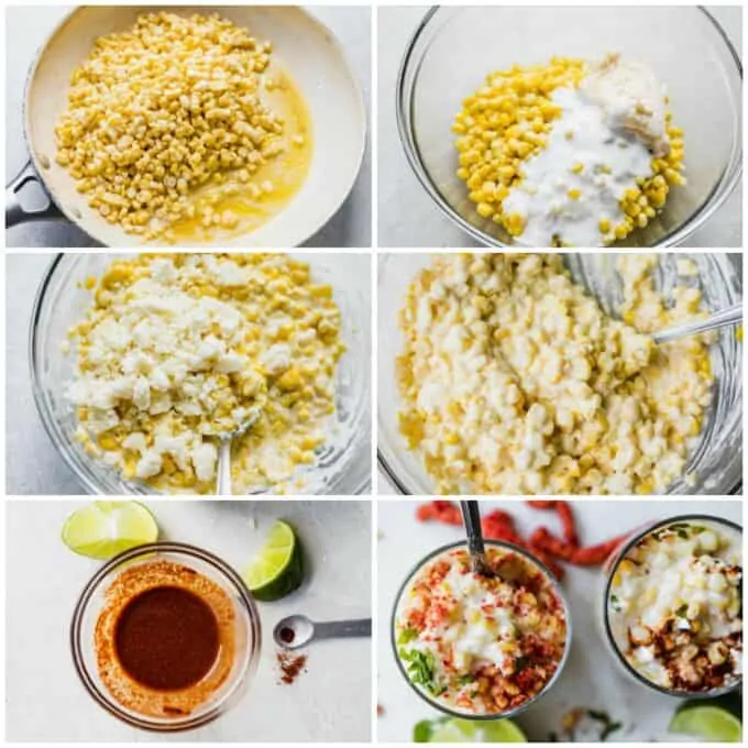 How to make street corn in a cup, cooking the corn kernels in butter, adding crema and mayonnaise, stirring in Cotija cheese, a sauce made from chili powder and lime juice, the completed cups topped with hot cheetos or chili sauce and diced cilantro.