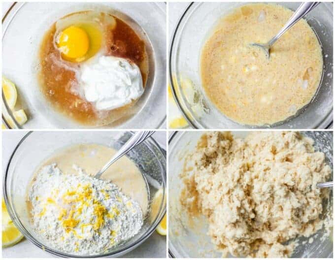 Picture collage showing how to make healthy lemon muffins, showing wet ingredients in a bowl, mixed together. Adding dry ingredients. Then the mixed batter. 