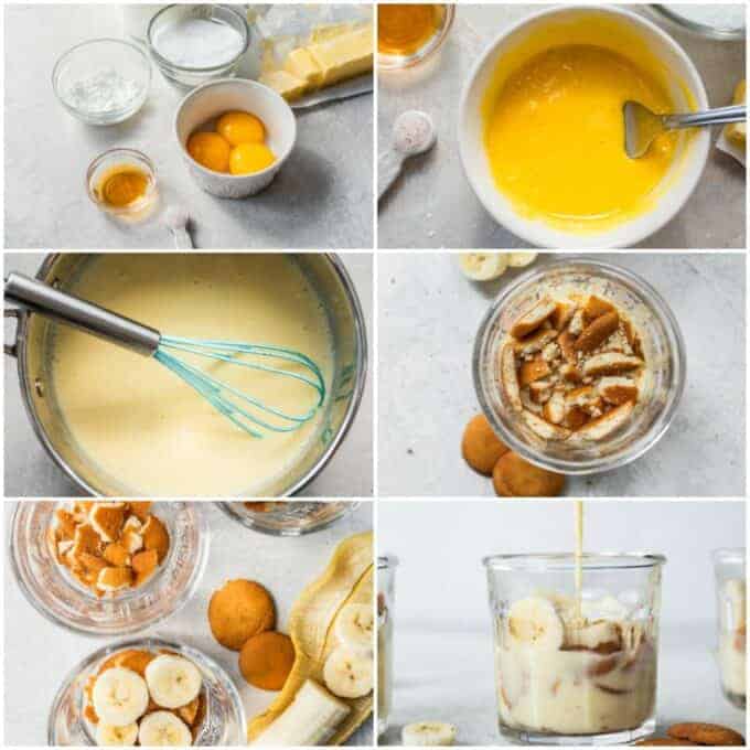 Collage showing how to make homemade banana pudding. showing ingredients for the banana pudding, egg yolks mixed with cornstarch, a saucepan filled with cooked pudding, cups filled with layers of crumbled cookies and sliced bananas, and warm pudding being added to the cups.