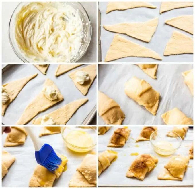Step by step photos on how to make sopapilla cheesecake rolls, showing a bowl of cheesecake mixture, laid out crescent rolls, a scoop of cheesecake on each crescent roll, the crescent rolls rolled up, being brushed with butter and sprinkled with cinnamon sugar.