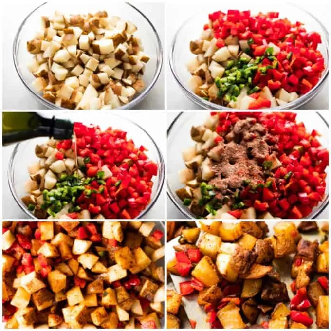 How to make breakfast potatoes, showing diced potatoes in a glass bowl, peppers added, drizzled with oil, seasonings being added, the potatoes spread out to bake, and after baking being served with a spatula.