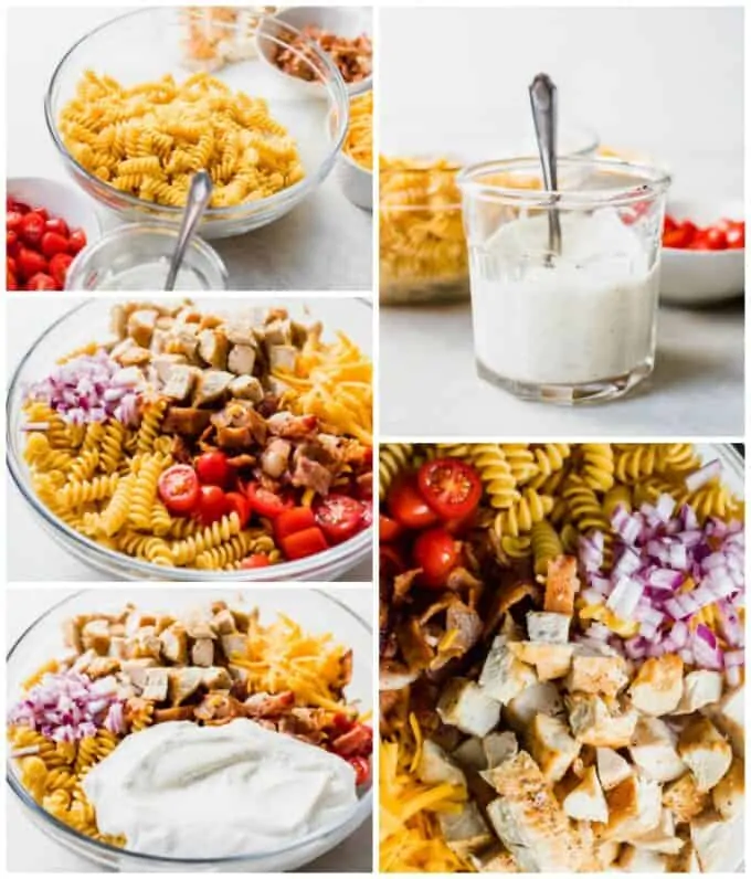 How to make chicken bacon ranch pasta salad, step by step picture collage, showing all the ingredients laid out, pasta in a bowl with all the toppings, then the homemade ranch in a jar and being poured over the pasta salad.