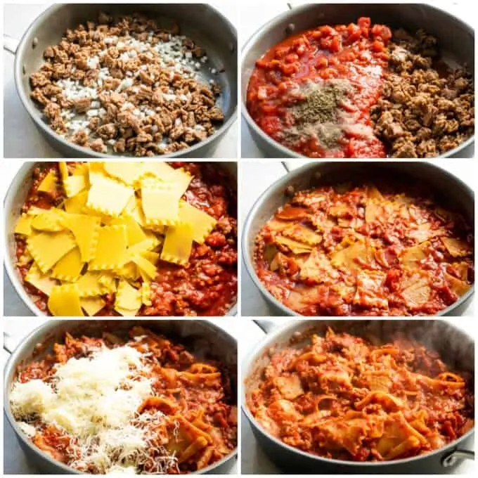 How to make Skillet lasagna shown step by step: browning sausage and cooking onion, adding tomato sauce and spices, adding the noodles and pressing into the sauce, cooked noodles with cheese being stirred in and finished lasagna pasta in the skillet.