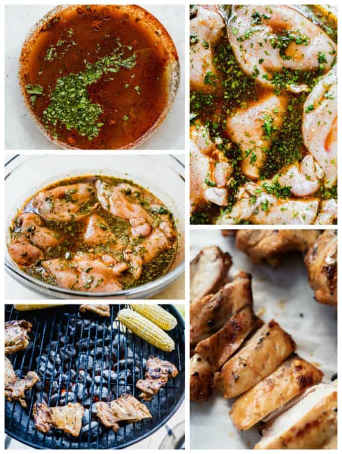 How to make grilled chicken step by step, showing making the marinade, submerging the chicken in the marinade, grilling on a charcoal grill on the perimeter for indirect heat after obtaining a nice char and grill lines, and slicing the grilled chicken.