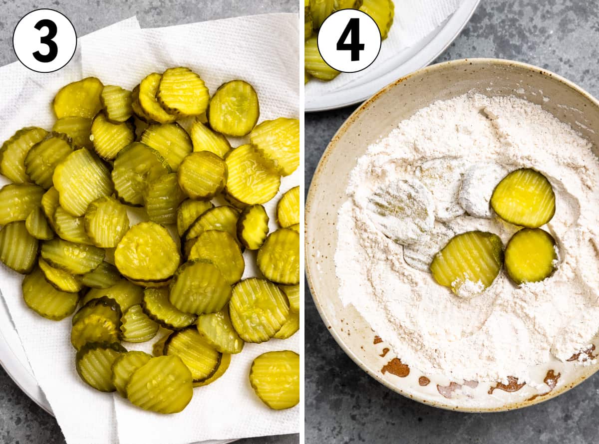 Dill pickle chips on a paper towel for drying and pickles then added into a bowl of seasoned flour mixture. 