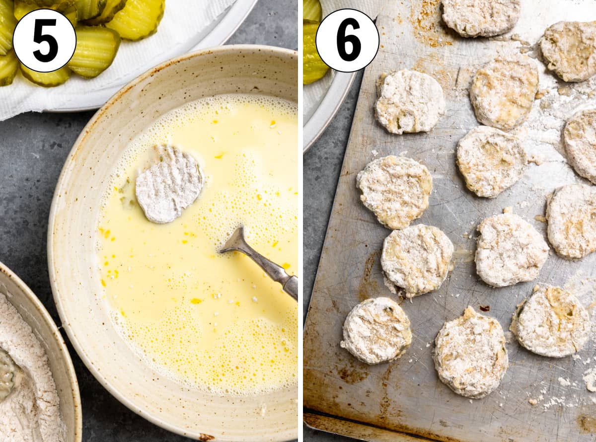 Floured dill pickle chips being dipped into an egg buttermilk mixture and then placed on a cookie sheet ready for frying.