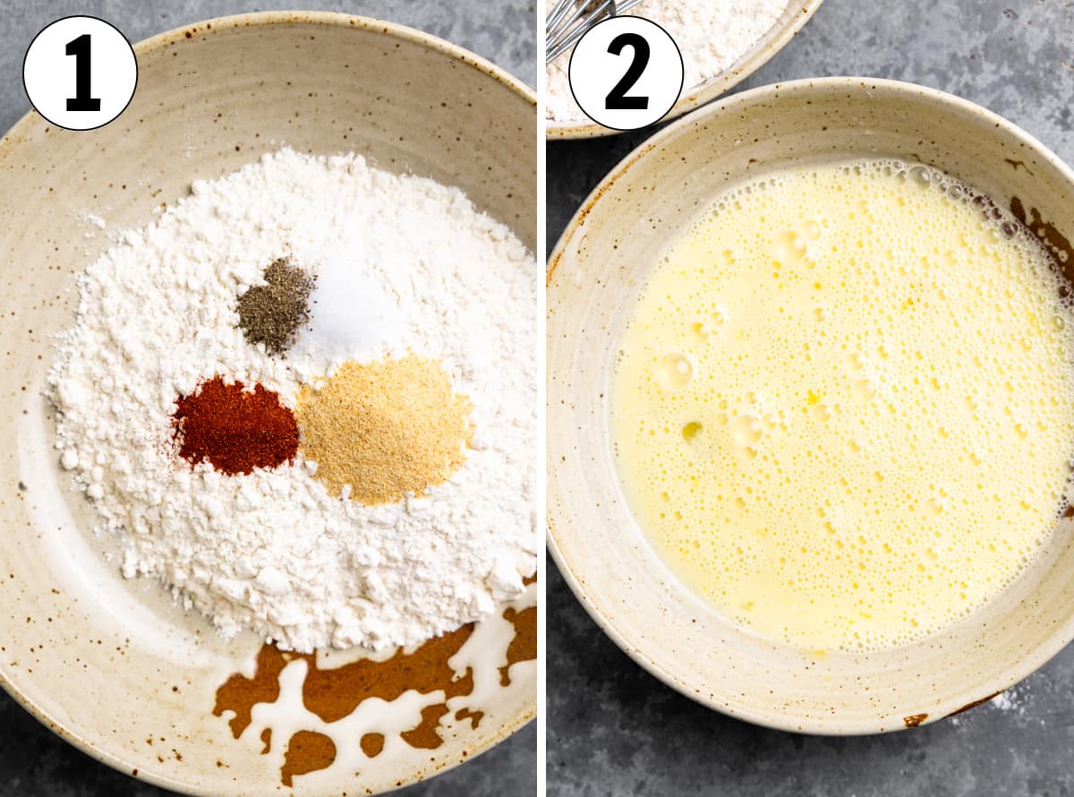 Collage showing how to make fried pickles with a bowl of ingredients needed to make the flour coating and a bowl with egg and buttermilk for battering.