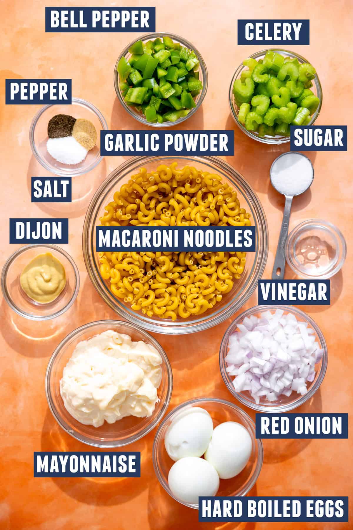 Ingredients needed to make macaroni salad. 