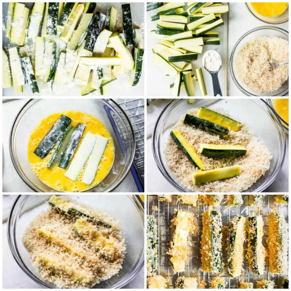 A how to make baked zucchini fries collage. Showing zucchini cut into fries, dusted with flour. A dipping station set up with zucchini, panko parmesan breading and a bowl of egg. Floured zucchini being dipped into egg, then being dipped into panko breading. And then placed on a baking rack over a large baking sheet.