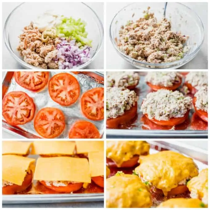 How to make tomato tuna melts step by step. Showing ingredient sin a glass bowl for tuna salad. Ingredients mixed together. A small baking sheet with thick slices of tomato that has been sprinkled with salt and pepper. The tomatoes topped with scoops of tuna salad. Tomato and tuna topped with slices of cheese. After baking, the cheese is melted over the top of the tuna and tomato.