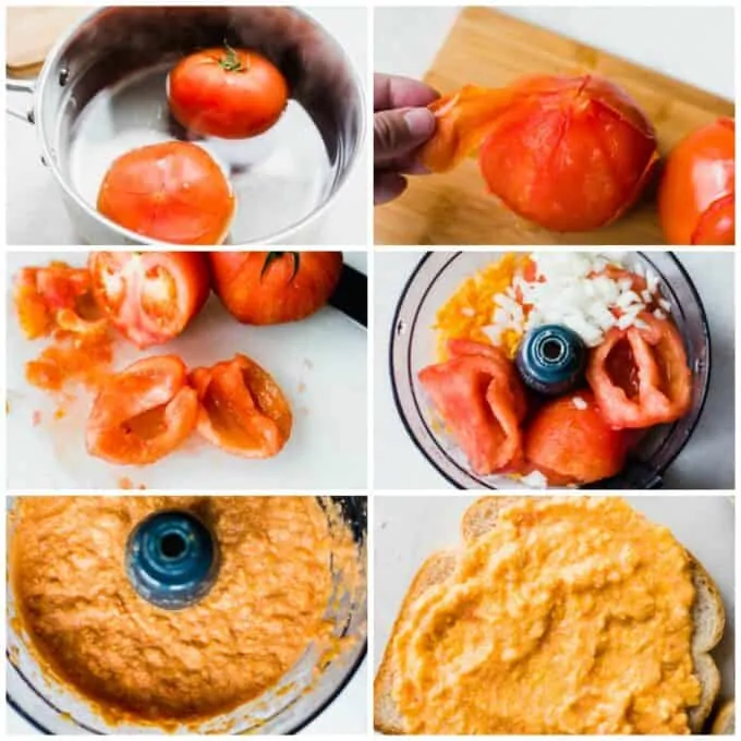 Picture collage showing step by step how to make tomato twiddle sandwiches. Showing boiling tomatoes in water, peeling the skin off, cutting out the seeds, blending with shredded cheese and diced onion, and being spread on a slice of bread.