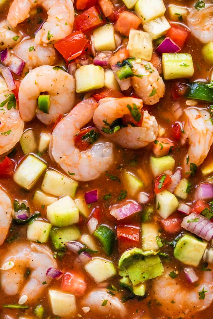 Up close view of mexican shrimp cocktail, showing pink cooked shrimp, diced cucumber, avocado, tomatoes, red onion, jalapeno all swimming in a spiced red juice. 