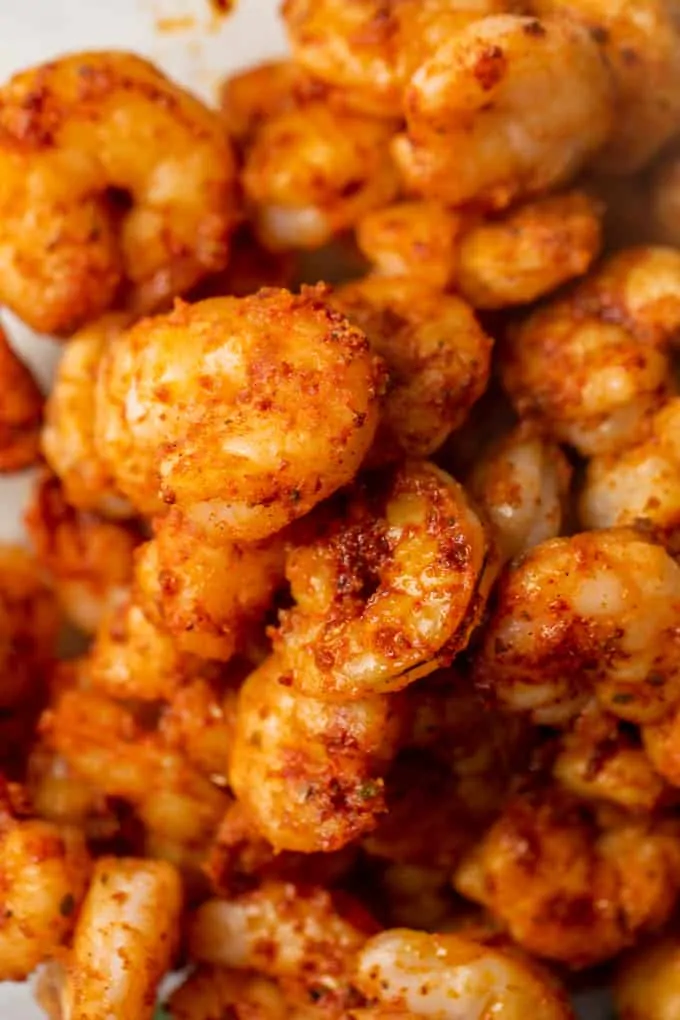 Cooked shrimp that has been coated with homemade taco seasoning.