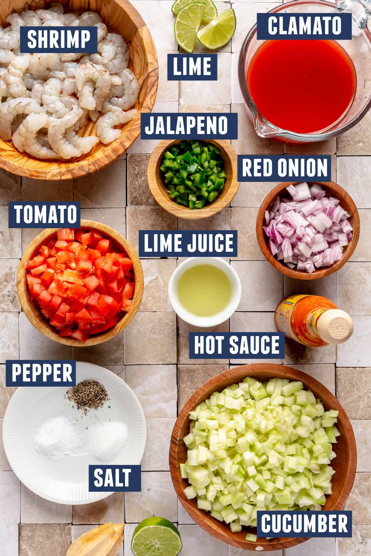 Ingredients needed to make Mexican Shrimp Cocktail.