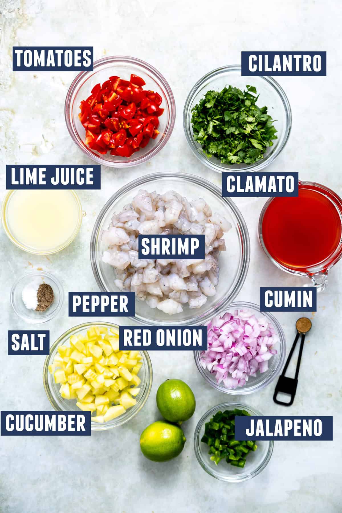 Ingredients needed to make shrimp ceviche.