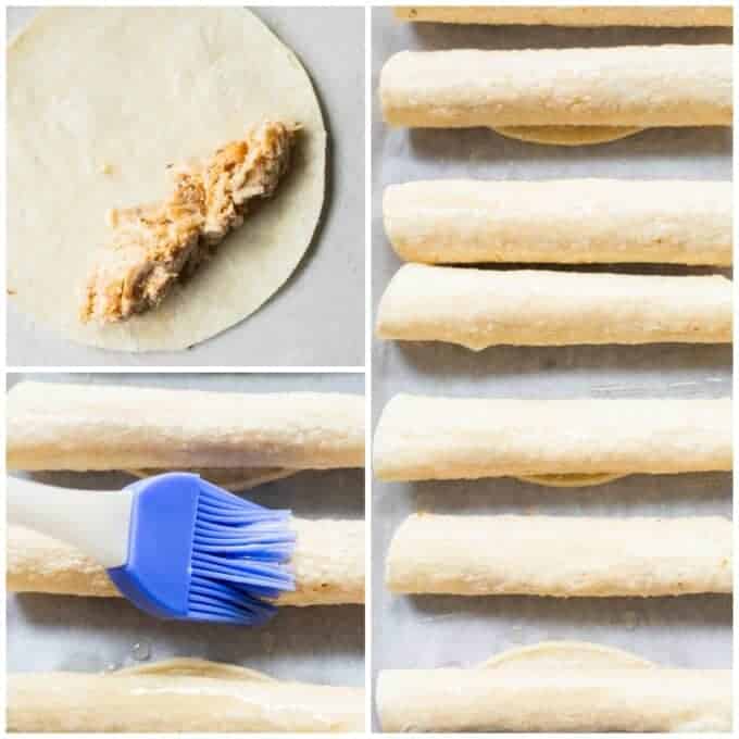 Step by step showing how to make baked chicken taquitos, showing adding the chicken and cheese mixture to the tortilla, the tortilla rolled and being brushed with oil. Then laid on a baking sheet ready to bake.