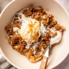 Bowl of caramel apple crisp