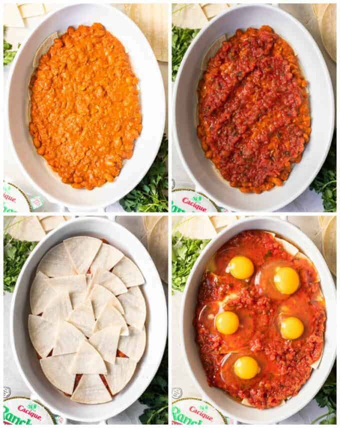 Step by step collage showing how to make a huevos rancheros breakfast casserole. Showing a baking dish with chorizo and beans spread out. Topped with salsa. Cut tortillas being laid on top. Topped with more salsa and then eggs cracked on top.