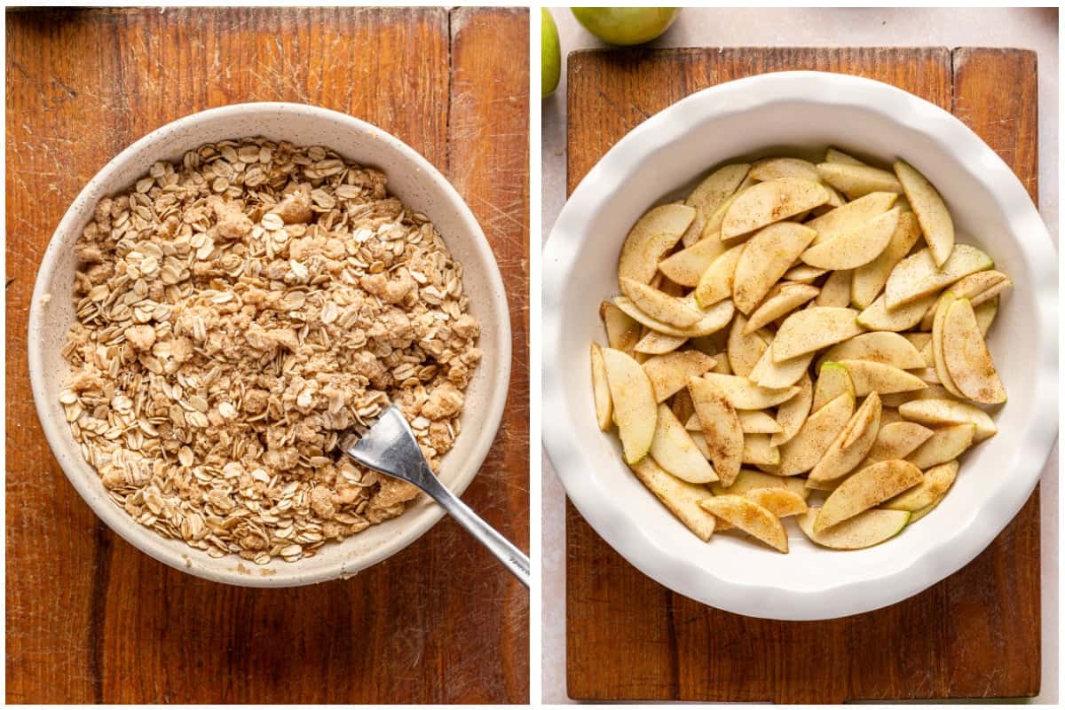 Crumb topping being mixed in a bowl. Apples added to a pie dish.