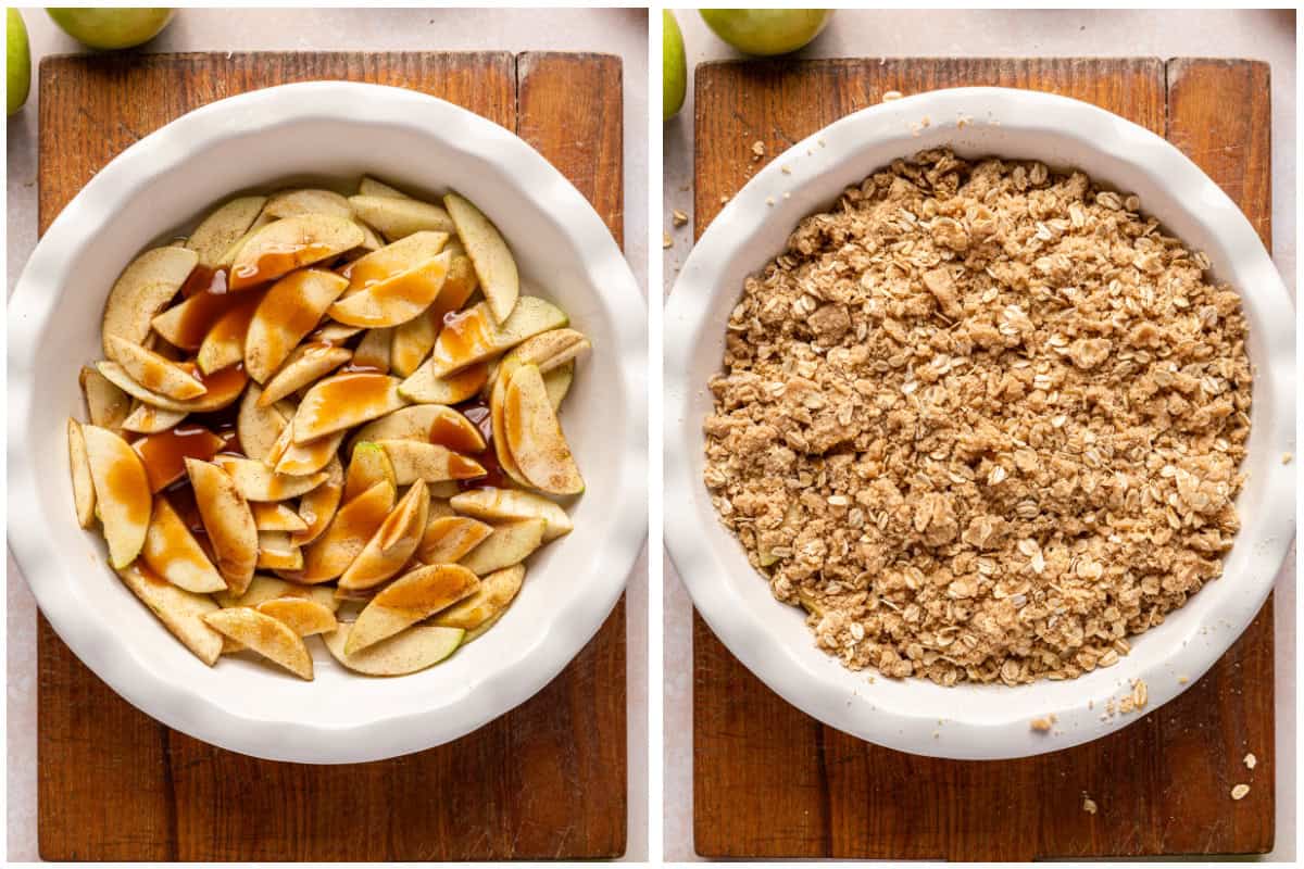 Caramel drizzled over sliced apples in pie dish. Crisp topping added. 