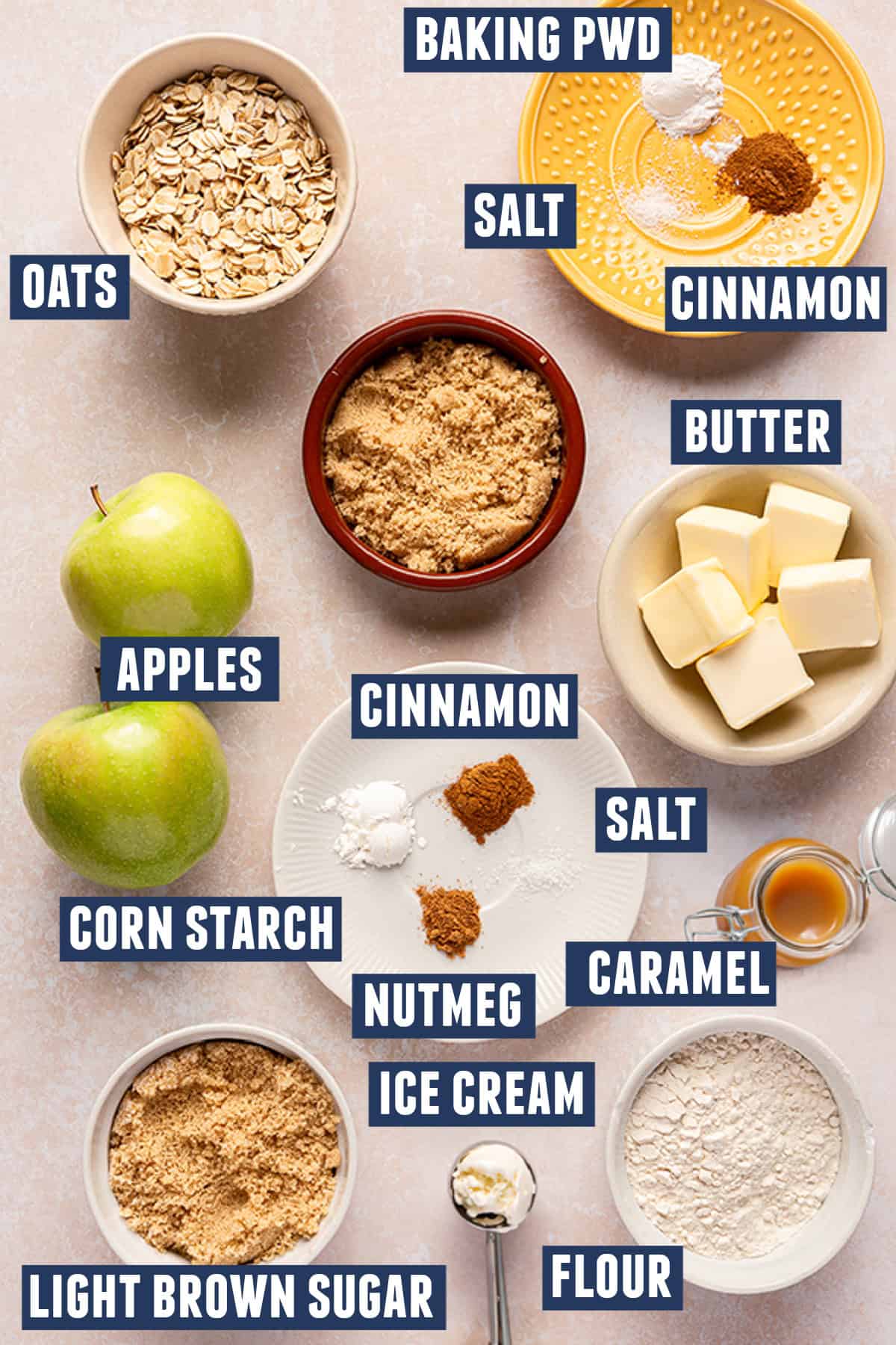 Ingredients needed to make caramel apple crisp.