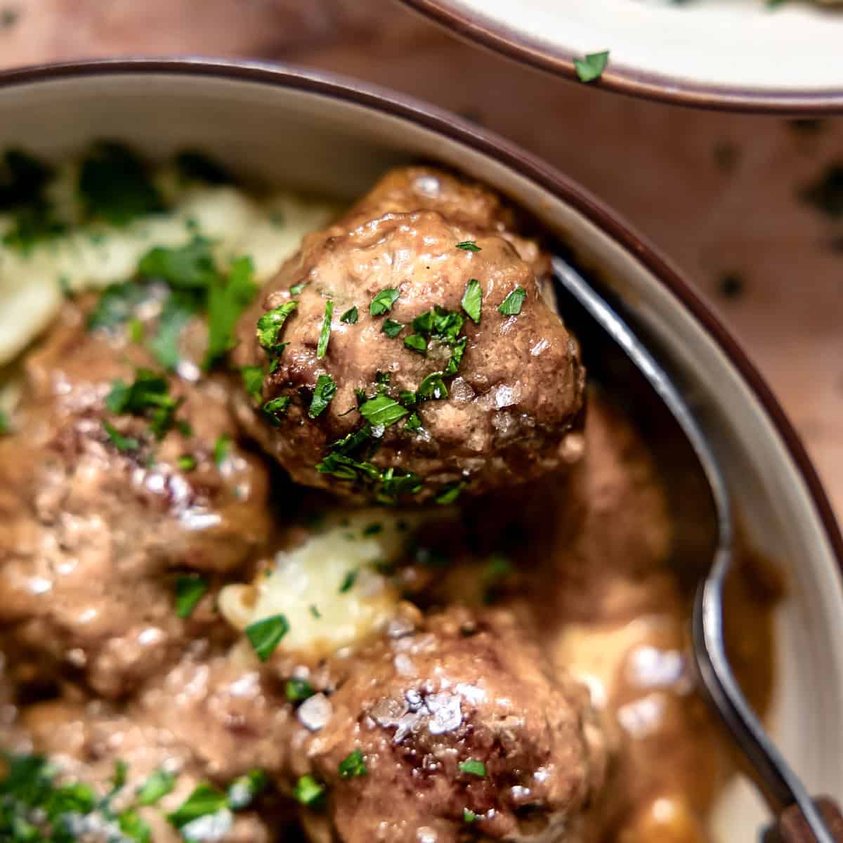 Swedish meatballs over mashed potatoes. 