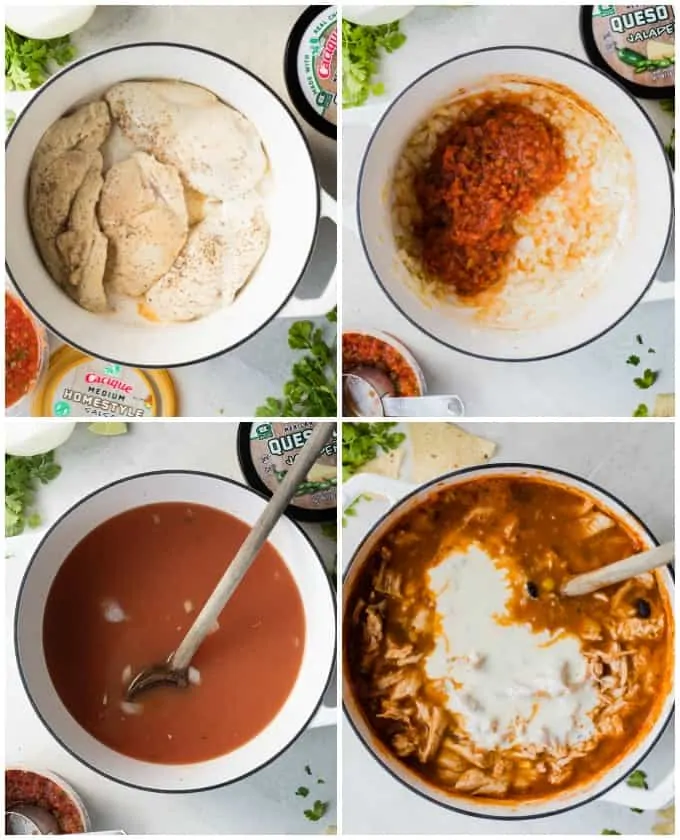 Collage showing how to make Chicken Queso Chili, showing searing the chicken, cooking onion and adding in salsa, cooking the chicken in the broth, stirring in the queso at the end.