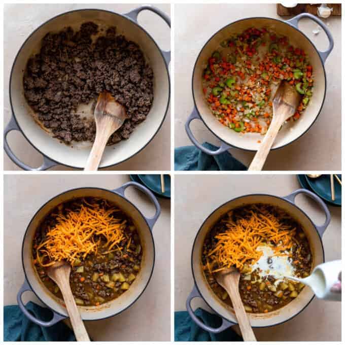 Step by step images showing how to make Cheeseburger soup, showing cooking the ground beef, sauteing the vegetables, adding the broth and seasonings, then stirring in the milk and cheese. 