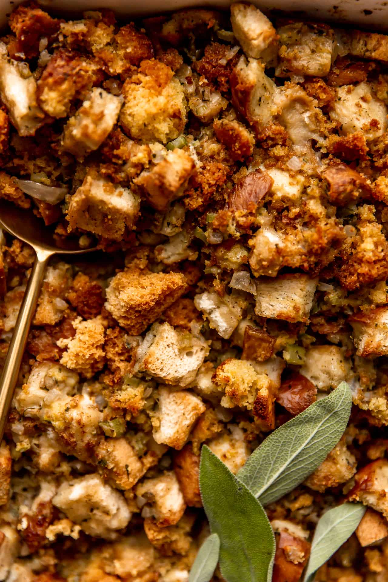 Up close look at baked cornbread dressing.