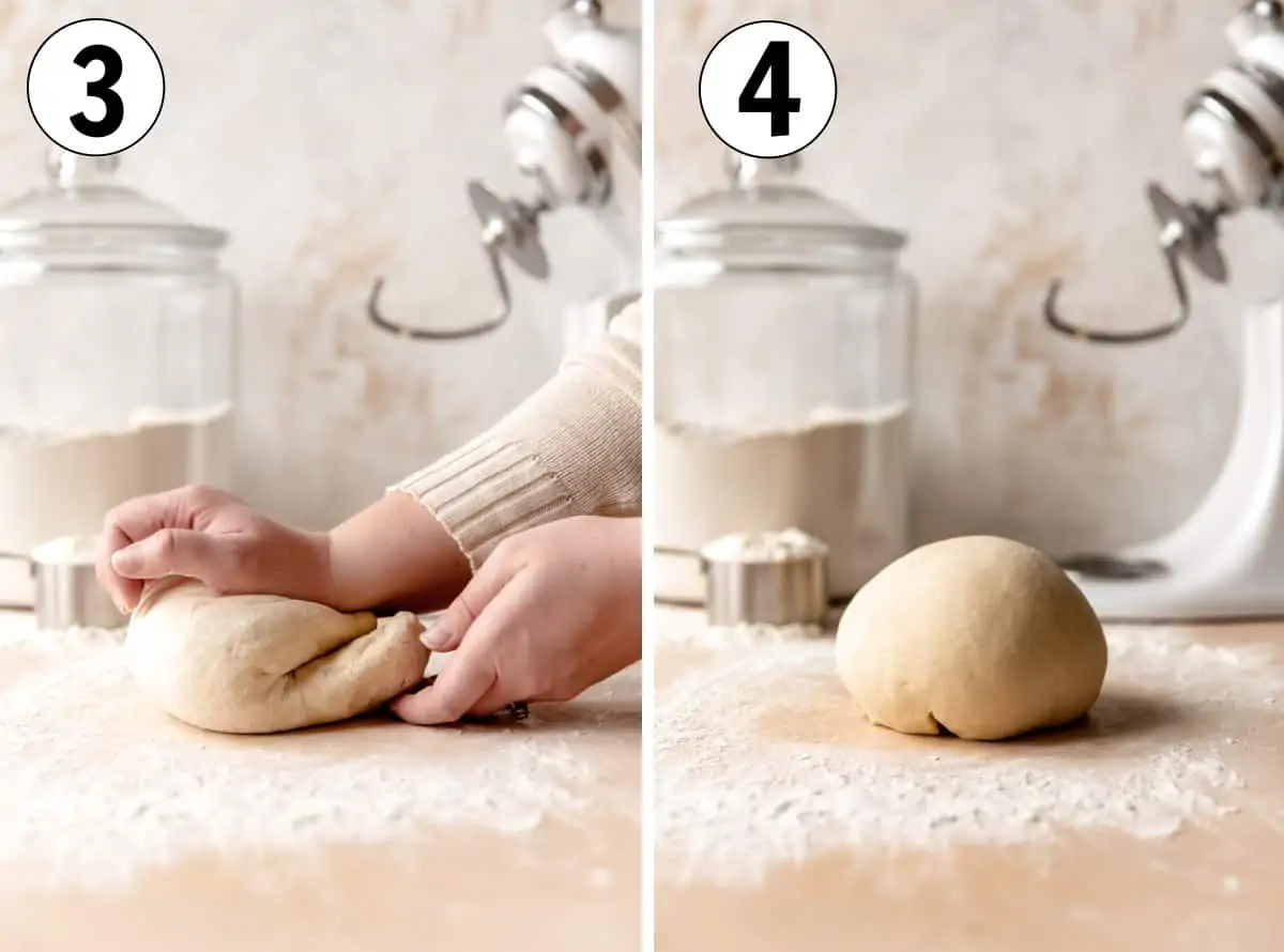 Kneading the dough and forming into a smooth ball.