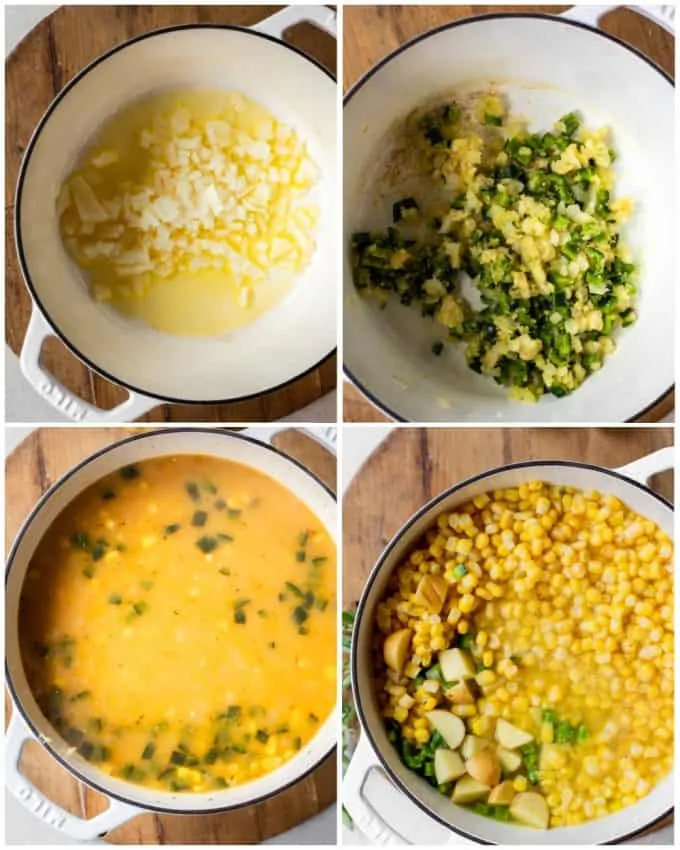 Step by step collage of how to make Mexican Street Corn chowder, sauteing onion in butter, adding poblano pepper, stirred with flour, broth added with corn and potatoes. 