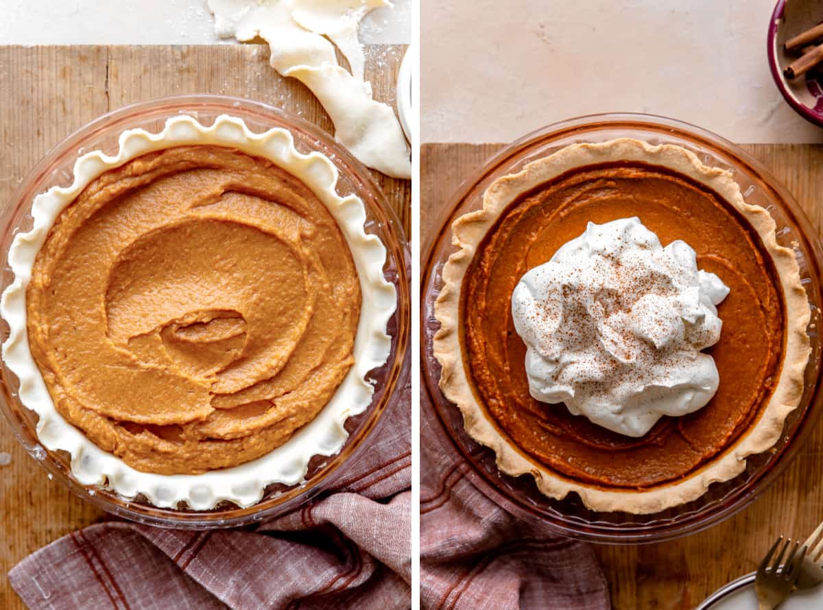 How to make sweet potato pie showing before and after baking, and topped with whipped cream.