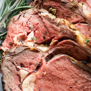 Sliced prime rib served for a special occasion meal.